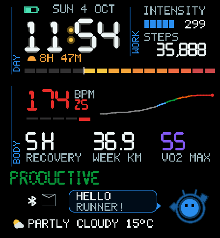 WISPWARE Run MAX watch face: race countdown and running readings with the Wisp companion.