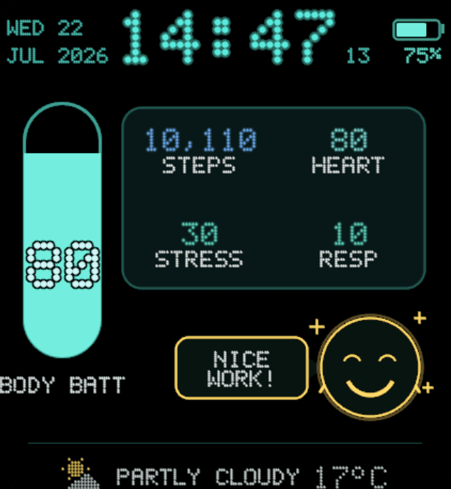 WISPWARE Wellbeing watch face: time, daily health readings and the Wisp companion on a black screen.
